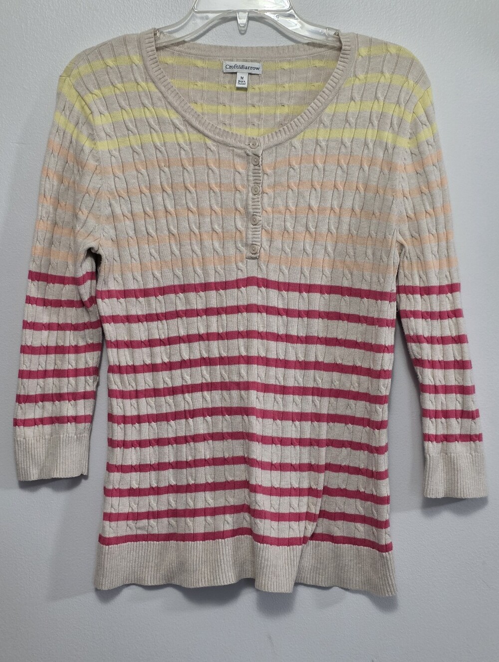 croft & barrow Cream Cable-Knit Henley with Pastel and Pink Stripes